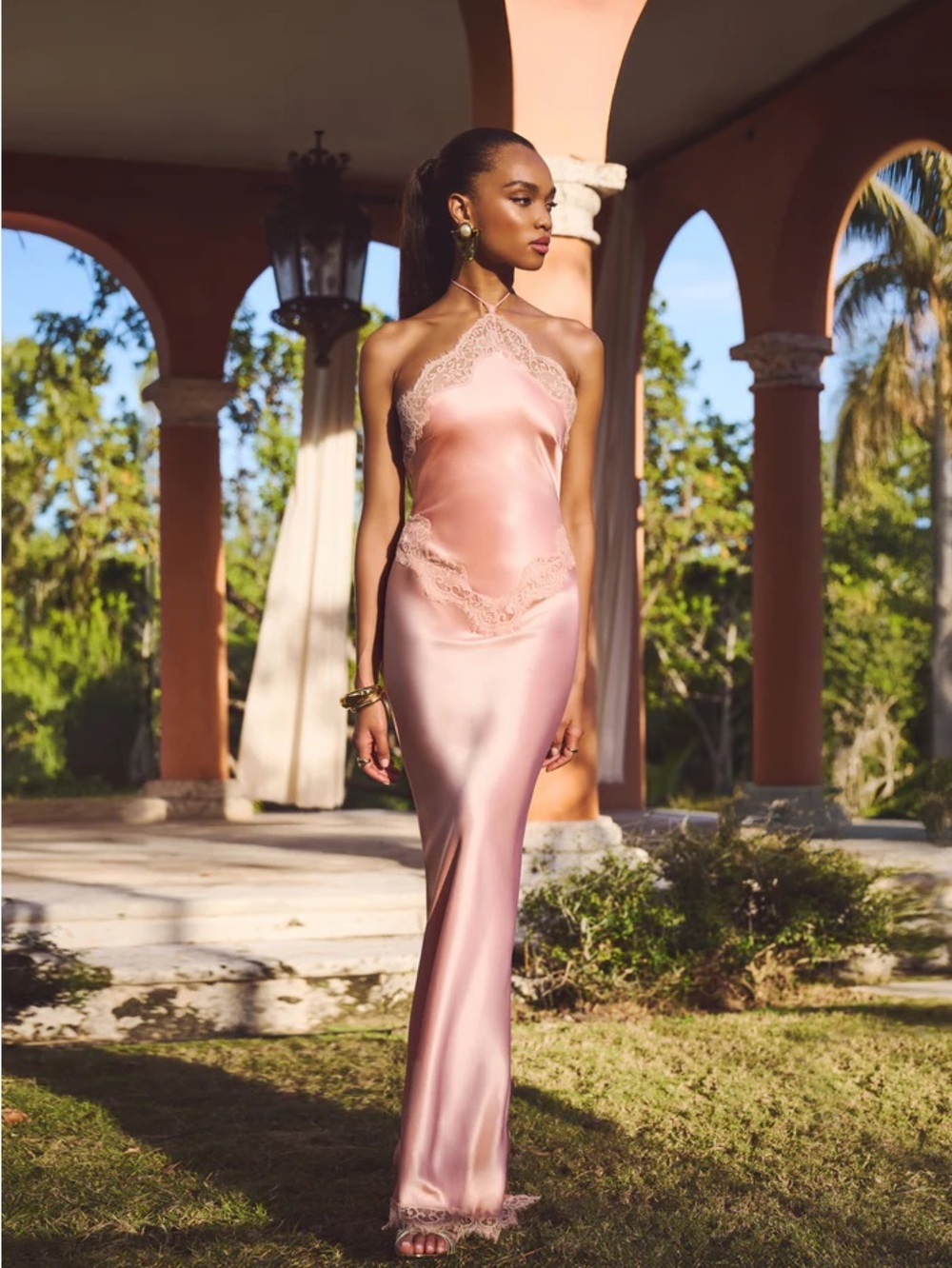 RETROFETE EVERLY DRESS
 Silky Lace Trim Halter Gown in Blush Color Peche - Picture 2 of 5